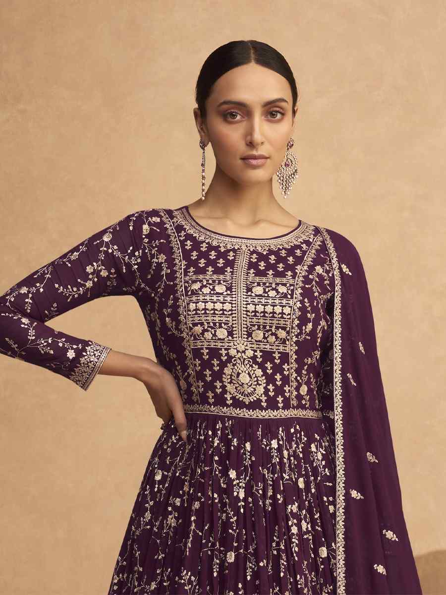 Purple Heavy Faux Georgatte Embroidered Festival Mehendi Anarkali Salwar Kameez