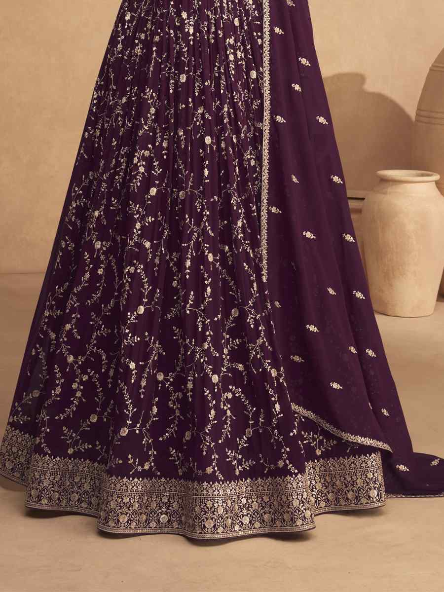 Purple Heavy Faux Georgatte Embroidered Festival Mehendi Anarkali Salwar Kameez