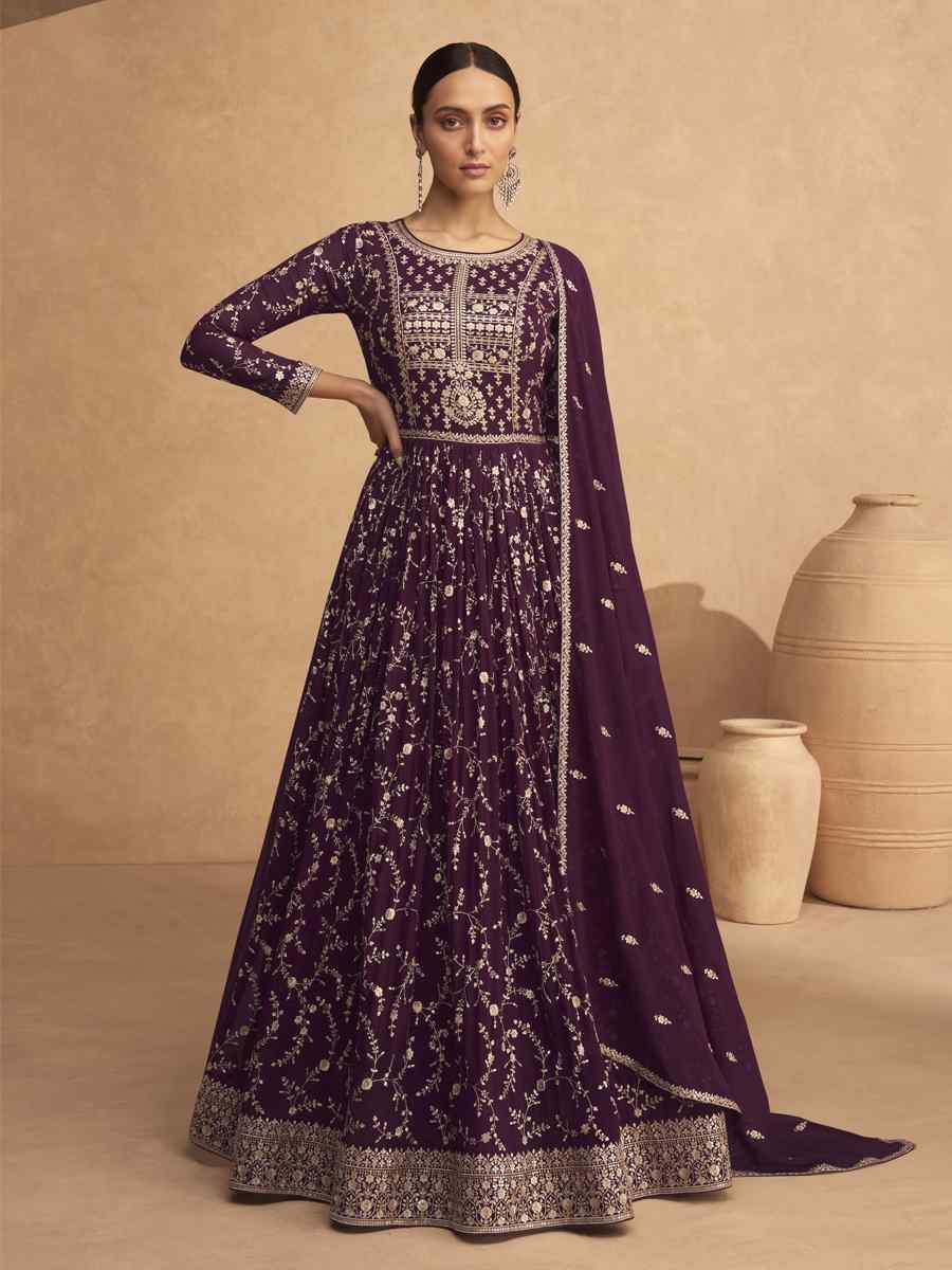 Purple Heavy Faux Georgatte Embroidered Festival Mehendi Anarkali Salwar Kameez