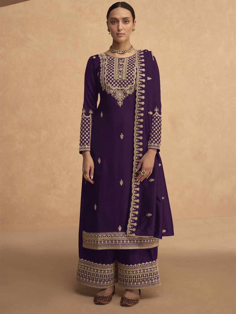 Purple Heavy Faux Georgette Embroidered Festival Mehendi Palazzo Pant Salwar Kameez