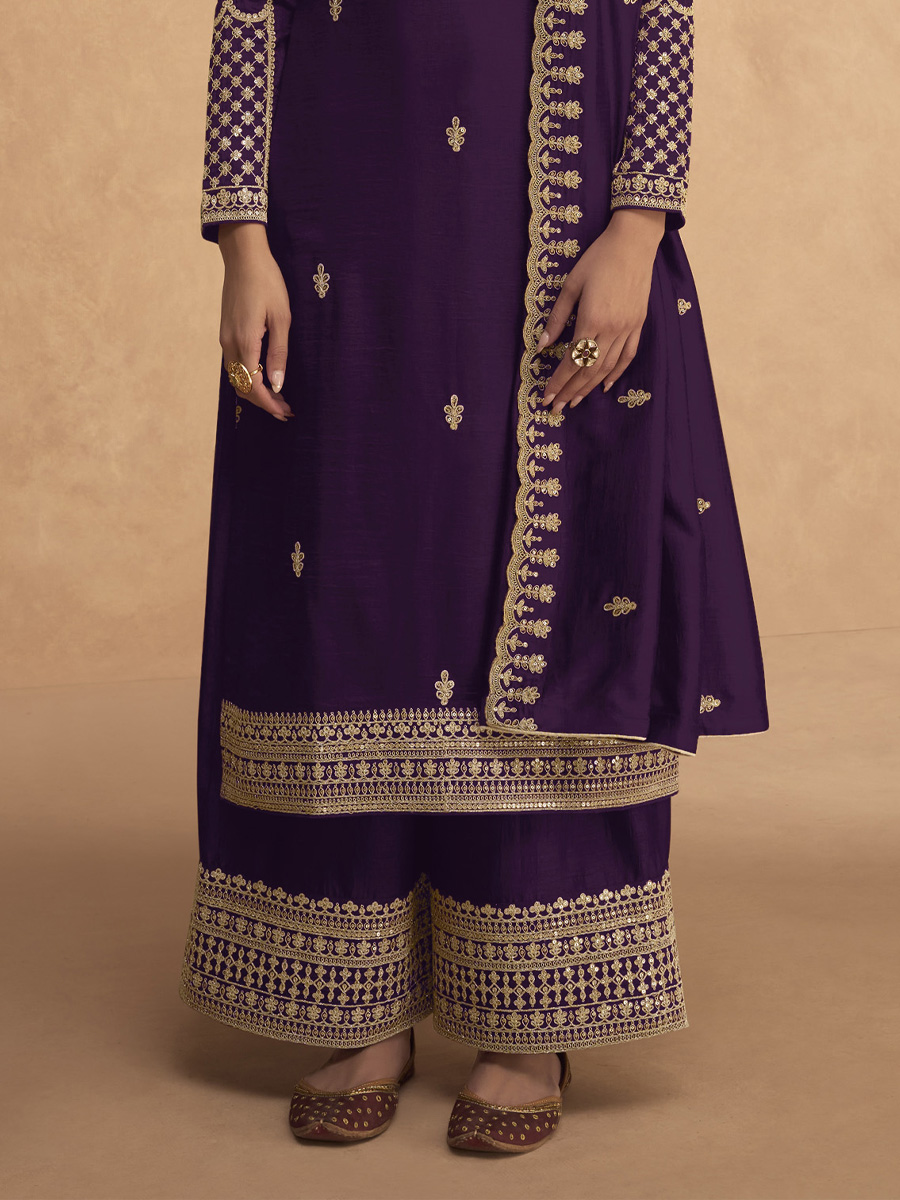 Purple Heavy Faux Georgette Embroidered Festival Mehendi Palazzo Pant Salwar Kameez