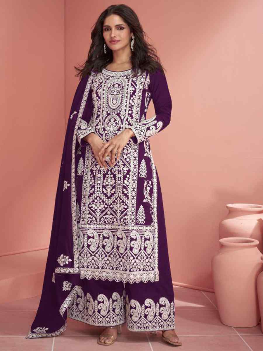 Purple Heavy Faux Georgette Embroidered Festival Mehendi Palazzo Pant Salwar Kameez