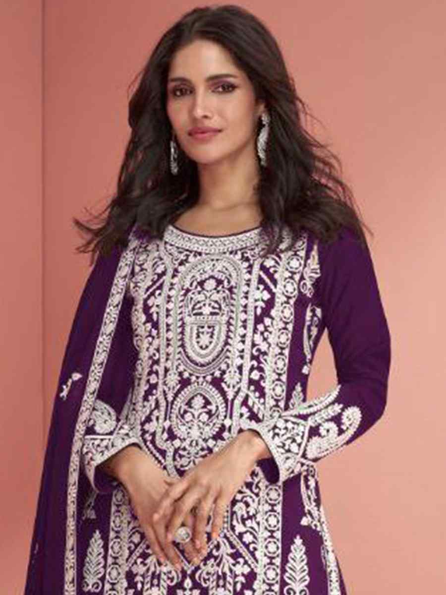 Purple Heavy Faux Georgette Embroidered Festival Mehendi Palazzo Pant Salwar Kameez