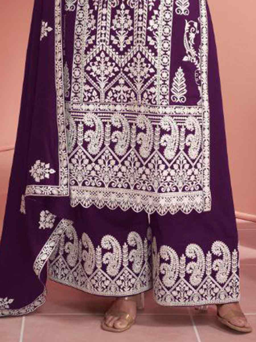 Purple Heavy Faux Georgette Embroidered Festival Mehendi Palazzo Pant Salwar Kameez