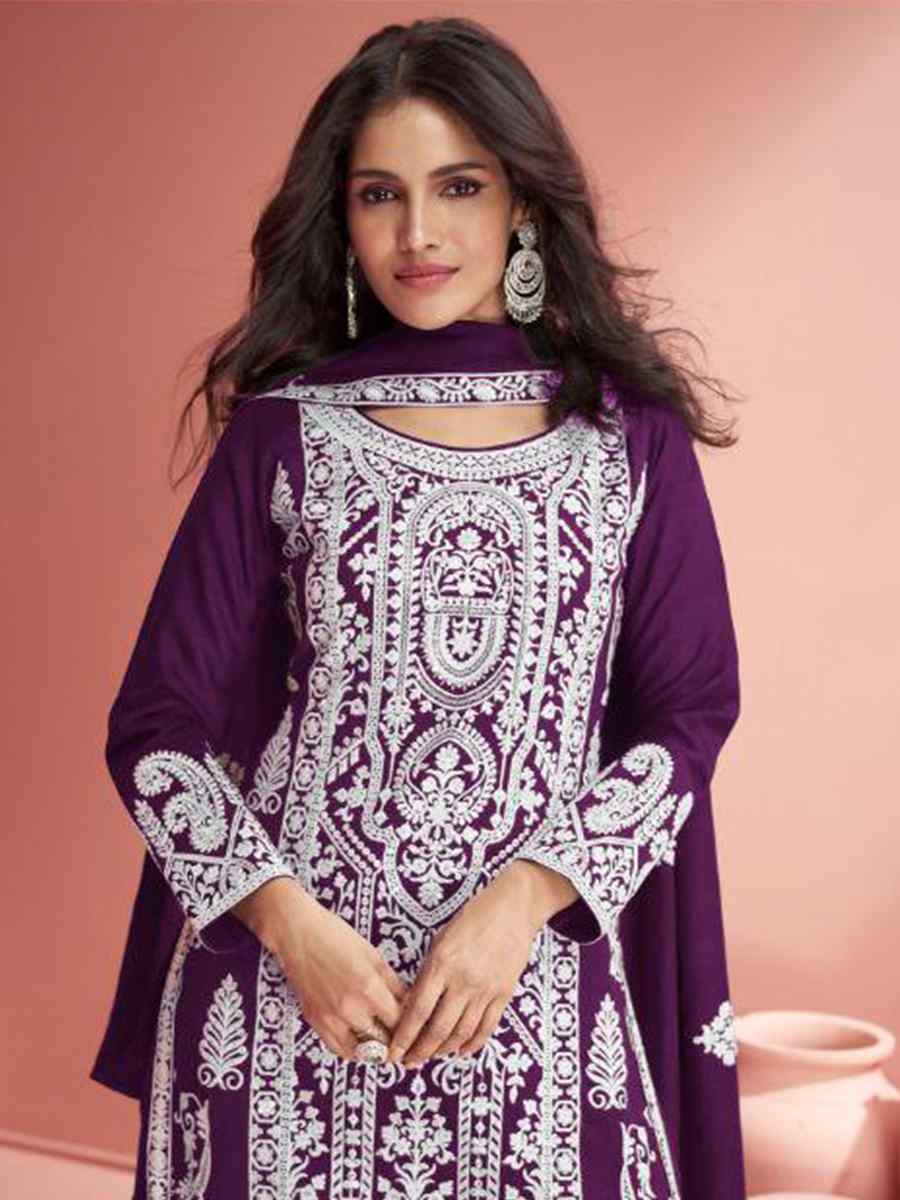 Purple Heavy Faux Georgette Embroidered Festival Mehendi Palazzo Pant Salwar Kameez