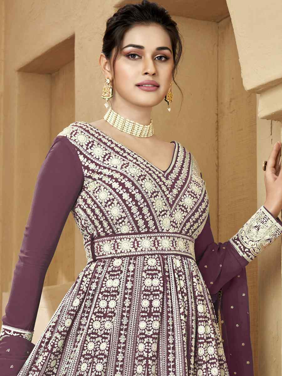 Purple Heavy Faux Georgette Embroidered Festival Party Anarkali Salwar Kameez