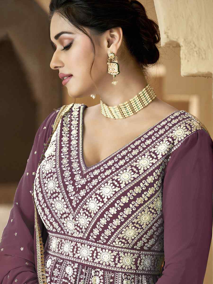 Purple Heavy Faux Georgette Embroidered Festival Party Anarkali Salwar Kameez