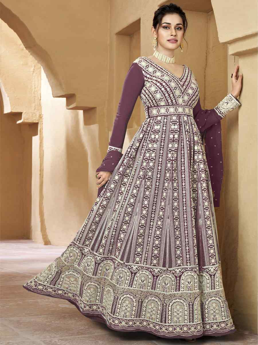 Purple Heavy Faux Georgette Embroidered Festival Party Anarkali Salwar Kameez