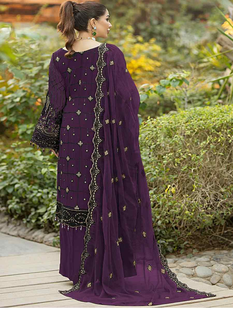 Purple Heavy Faux Georgette Embroidered Festival Party Palazzo Pant Salwar Kameez