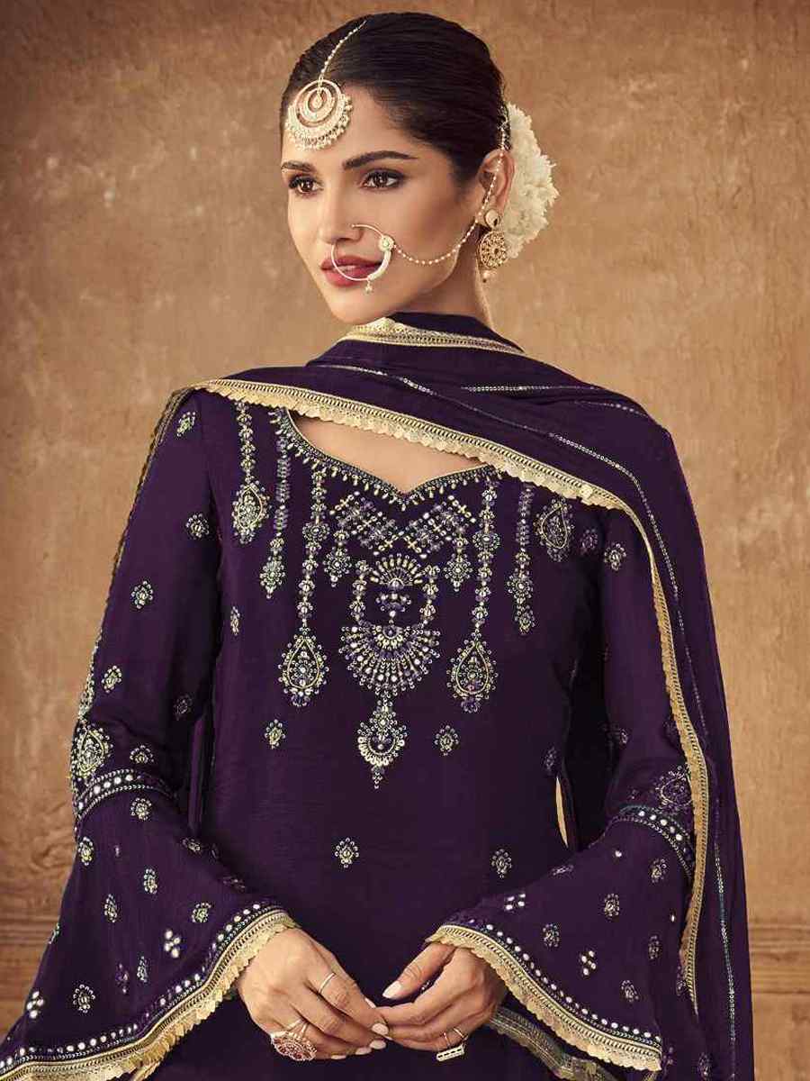 Purple Heavy Faux Georgette Embroidered Festival Party Palazzo Pant Salwar Kameez