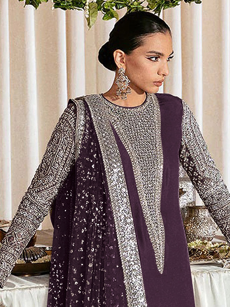 Purple Heavy Faux Georgette Embroidered Festival Party Pant Salwar Kameez