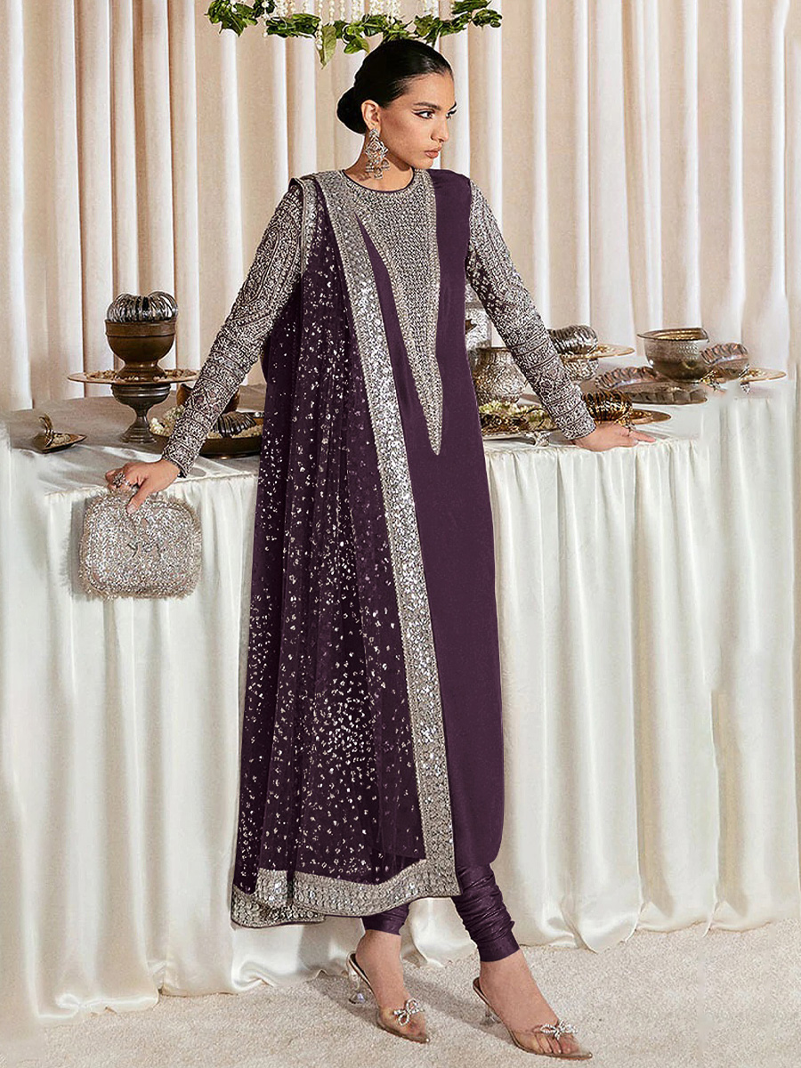 Purple Heavy Faux Georgette Embroidered Festival Party Pant Salwar Kameez