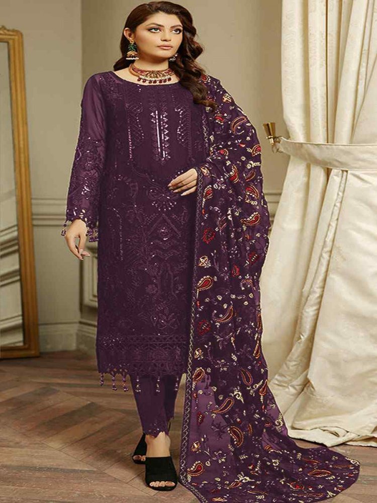 Purple Heavy Faux Georgette Embroidered Festival Party Pant Salwar Kameez