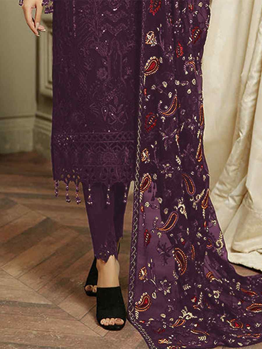 Purple Heavy Faux Georgette Embroidered Festival Party Pant Salwar Kameez