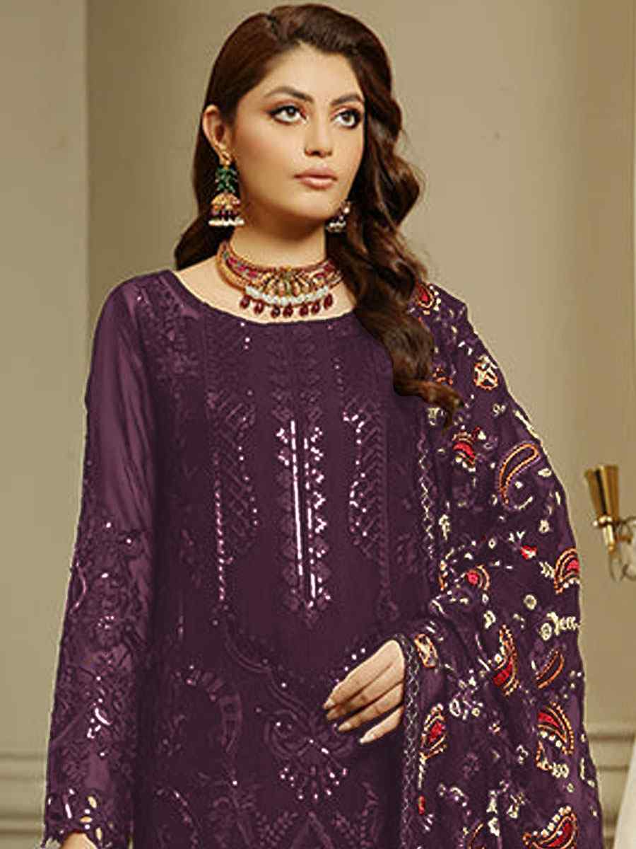 Purple Heavy Faux Georgette Embroidered Festival Party Pant Salwar Kameez