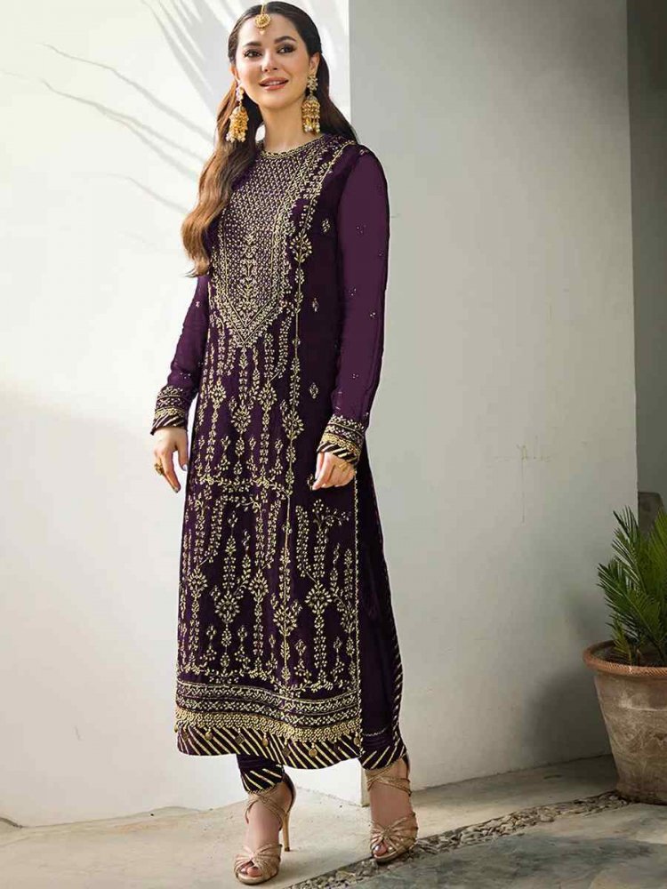 Purple Heavy Faux Georgette Embroidered Festival Party Pant Salwar Kameez