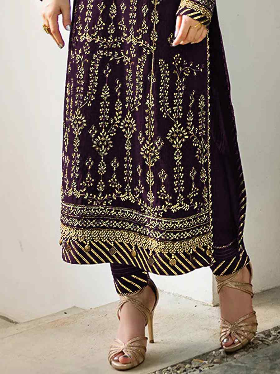 Purple Heavy Faux Georgette Embroidered Festival Party Pant Salwar Kameez