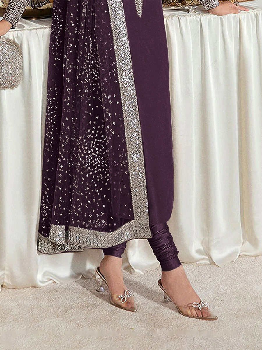 Purple Heavy Faux Georgette Embroidered Festival Party Pant Salwar Kameez