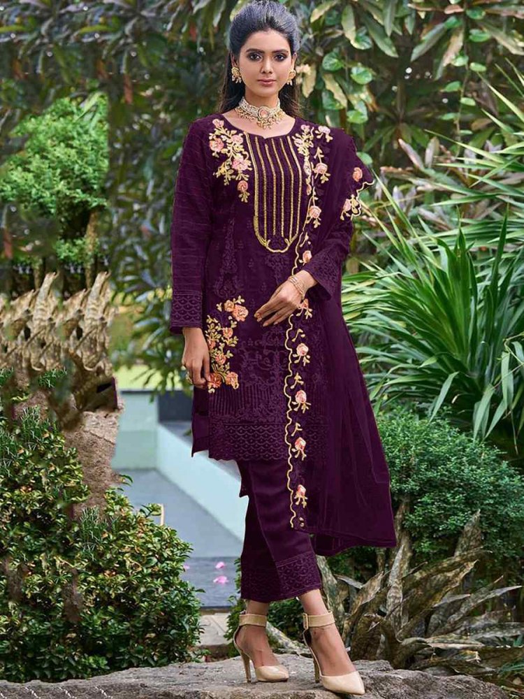 Purple Heavy Faux Georgette Embroidered Festival Party Ready Pant Salwar Kameez
