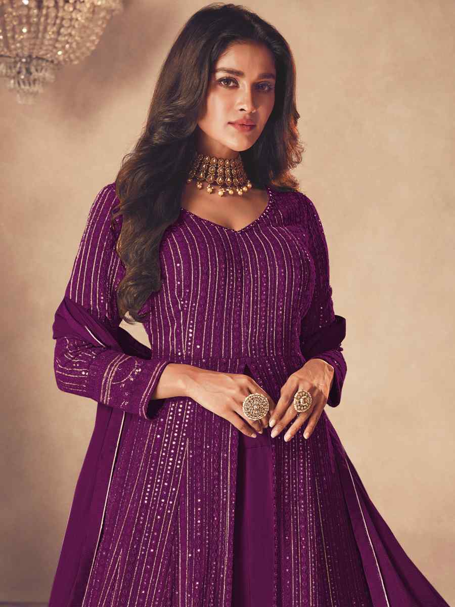 Purple Heavy Faux Georgette Embroidered Festival Wedding Anarkali Salwar Kameez