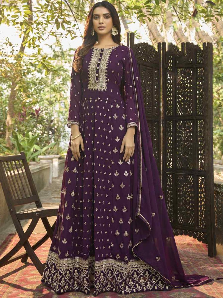 Purple Heavy Faux Georgette Embroidered Festival Wedding Anarkali Salwar Kameez