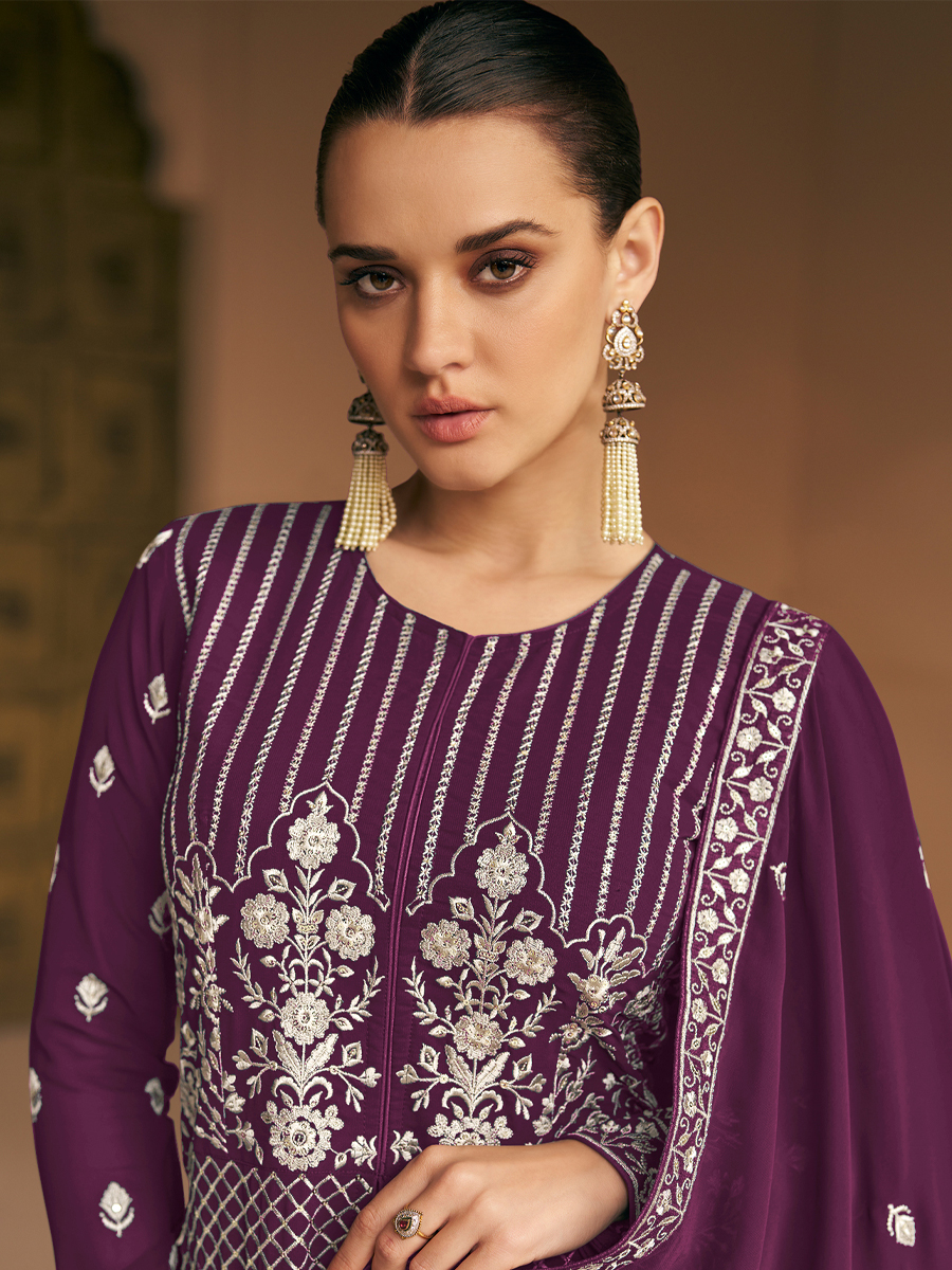 Purple Heavy Faux Georgette Embroidered Festival Wedding Anarkali Salwar Kameez