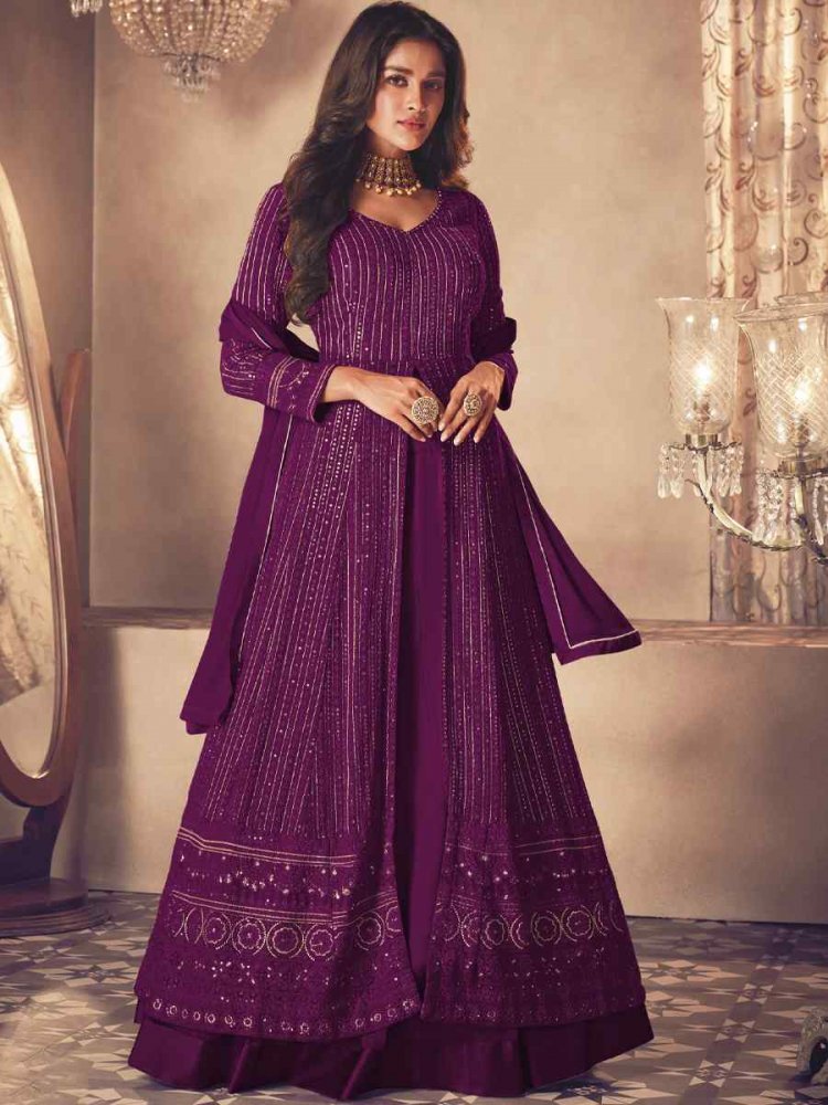 Purple Heavy Faux Georgette Embroidered Festival Wedding Anarkali Salwar Kameez