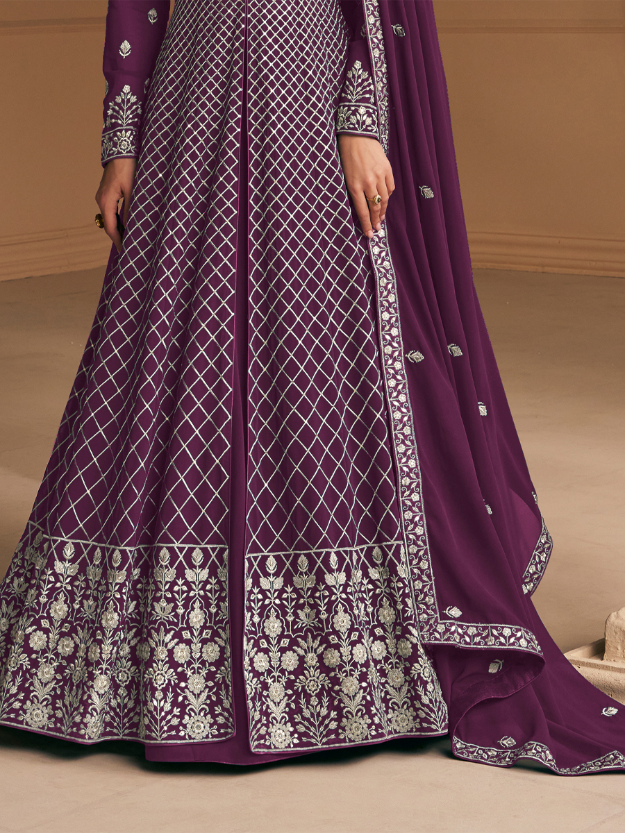 Purple Heavy Faux Georgette Embroidered Festival Wedding Anarkali Salwar Kameez