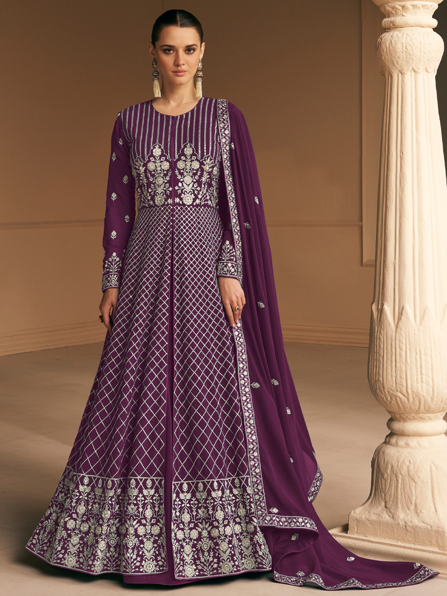Purple Heavy Faux Georgette Embroidered Festival Wedding Anarkali Salwar Kameez