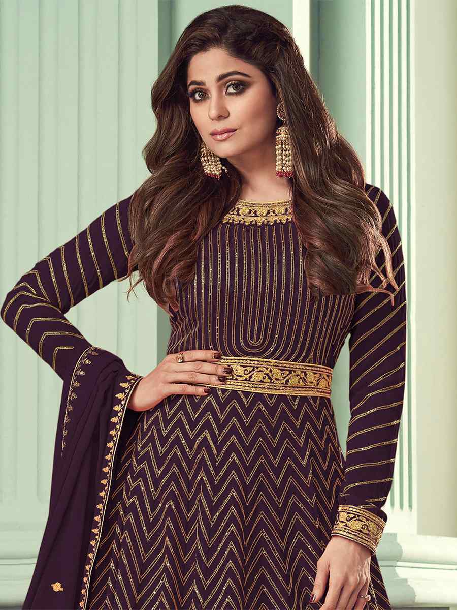Purple Heavy Faux Georgette Embroidered Festival Wedding Bollywood Style Anarkali Salwar Kameez