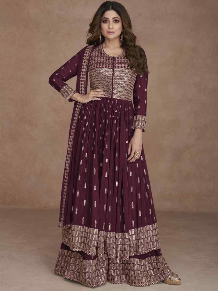 Purple Heavy Faux Georgette Embroidered Festival Wedding Palazzo Pant Bollywood Style Salwar Kameez