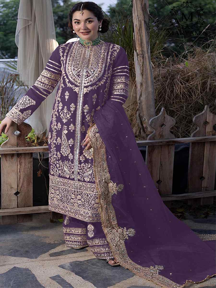 Purple Heavy Faux Georgette Embroidered Festival Wedding Palazzo Pant Salwar Kameez