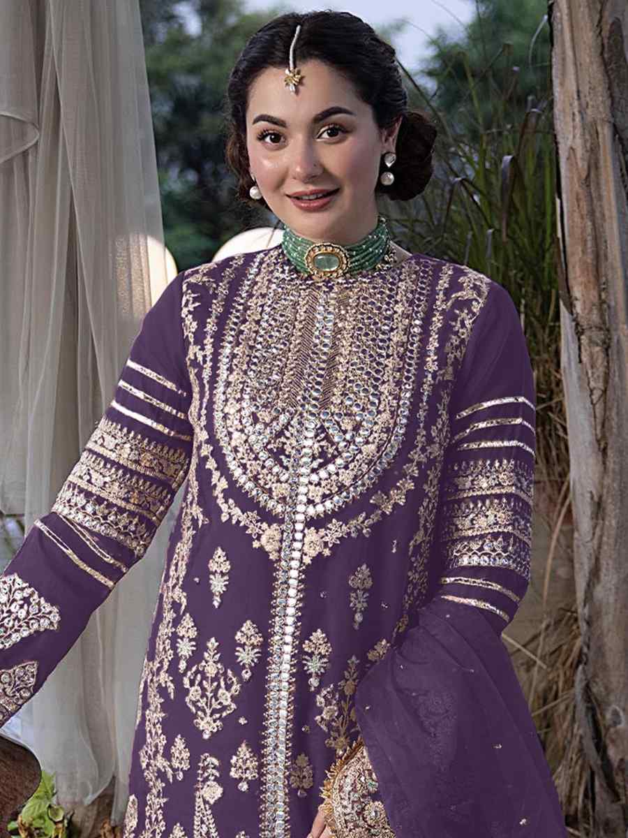 Purple Heavy Faux Georgette Embroidered Festival Wedding Palazzo Pant Salwar Kameez