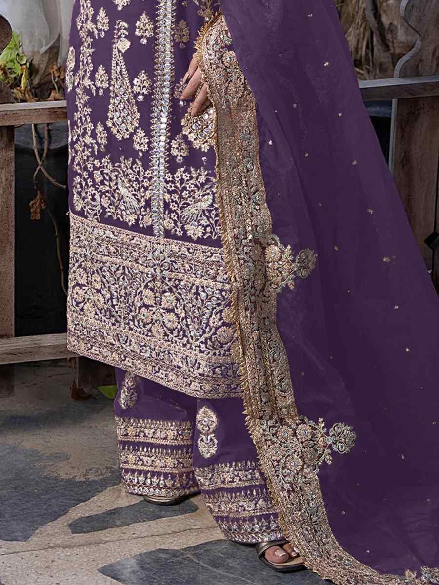 Purple Heavy Faux Georgette Embroidered Festival Wedding Palazzo Pant Salwar Kameez