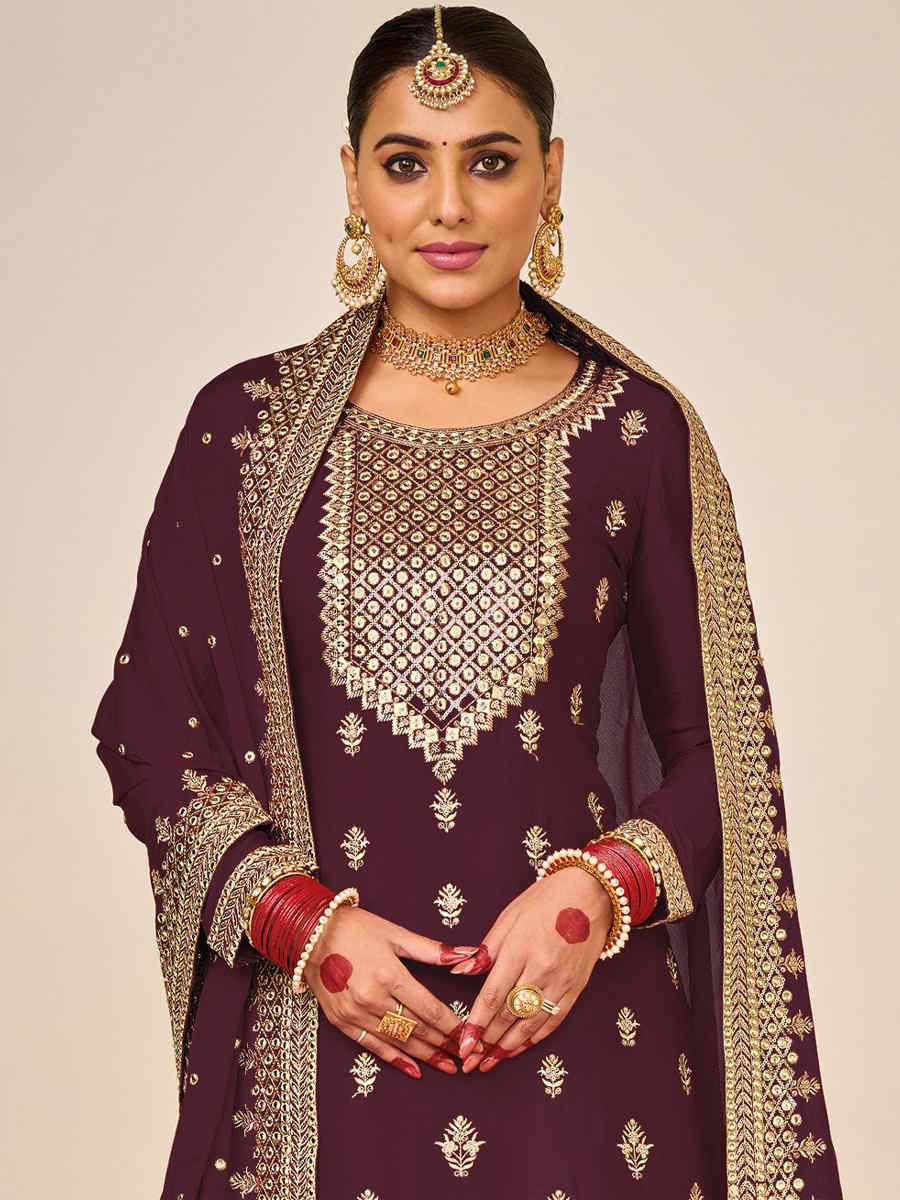 Purple Heavy Faux Georgette Embroidered Festival Wedding Palazzo Pant Salwar Kameez