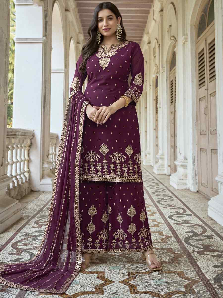 Purple Heavy Faux Georgette Embroidered Festival Wedding Palazzo Pant Salwar Kameez