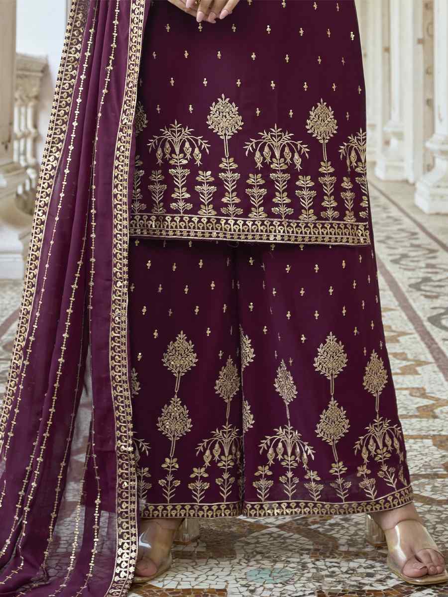 Purple Heavy Faux Georgette Embroidered Festival Wedding Palazzo Pant Salwar Kameez