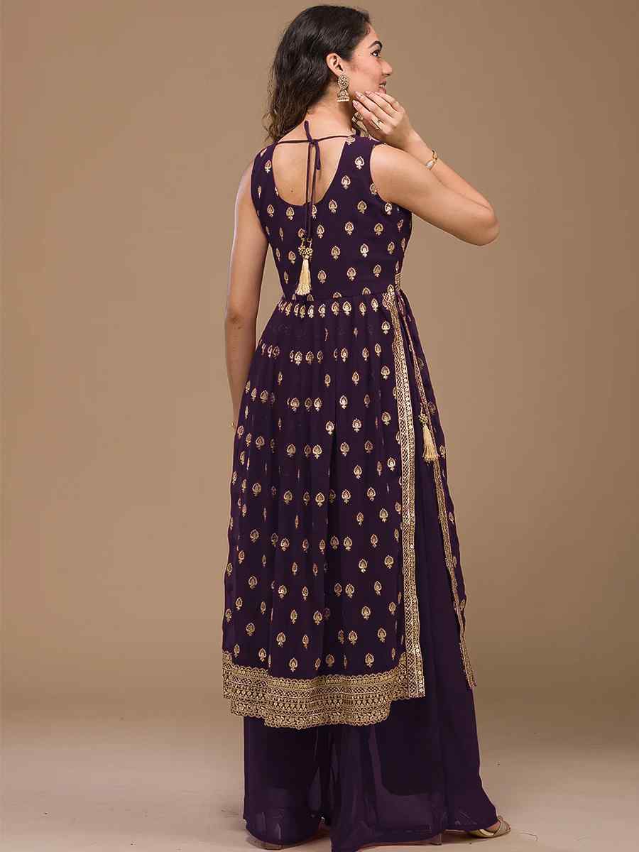 Purple Heavy Faux Georgette Embroidered Festival Wedding Palazzo Pant Salwar Kameez