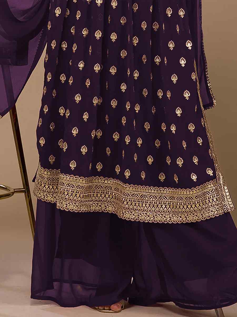Purple Heavy Faux Georgette Embroidered Festival Wedding Palazzo Pant Salwar Kameez