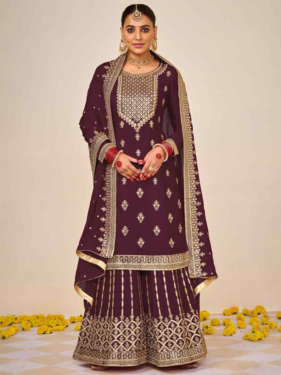 Purple Heavy Faux Georgette Embroidered Festival Wedding Palazzo Pant Salwar Kameez