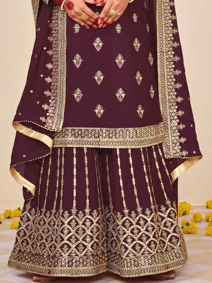 Purple Heavy Faux Georgette Embroidered Festival Wedding Palazzo Pant Salwar Kameez