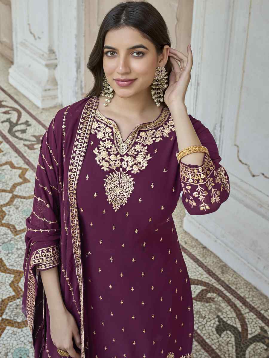 Purple Heavy Faux Georgette Embroidered Festival Wedding Palazzo Pant Salwar Kameez