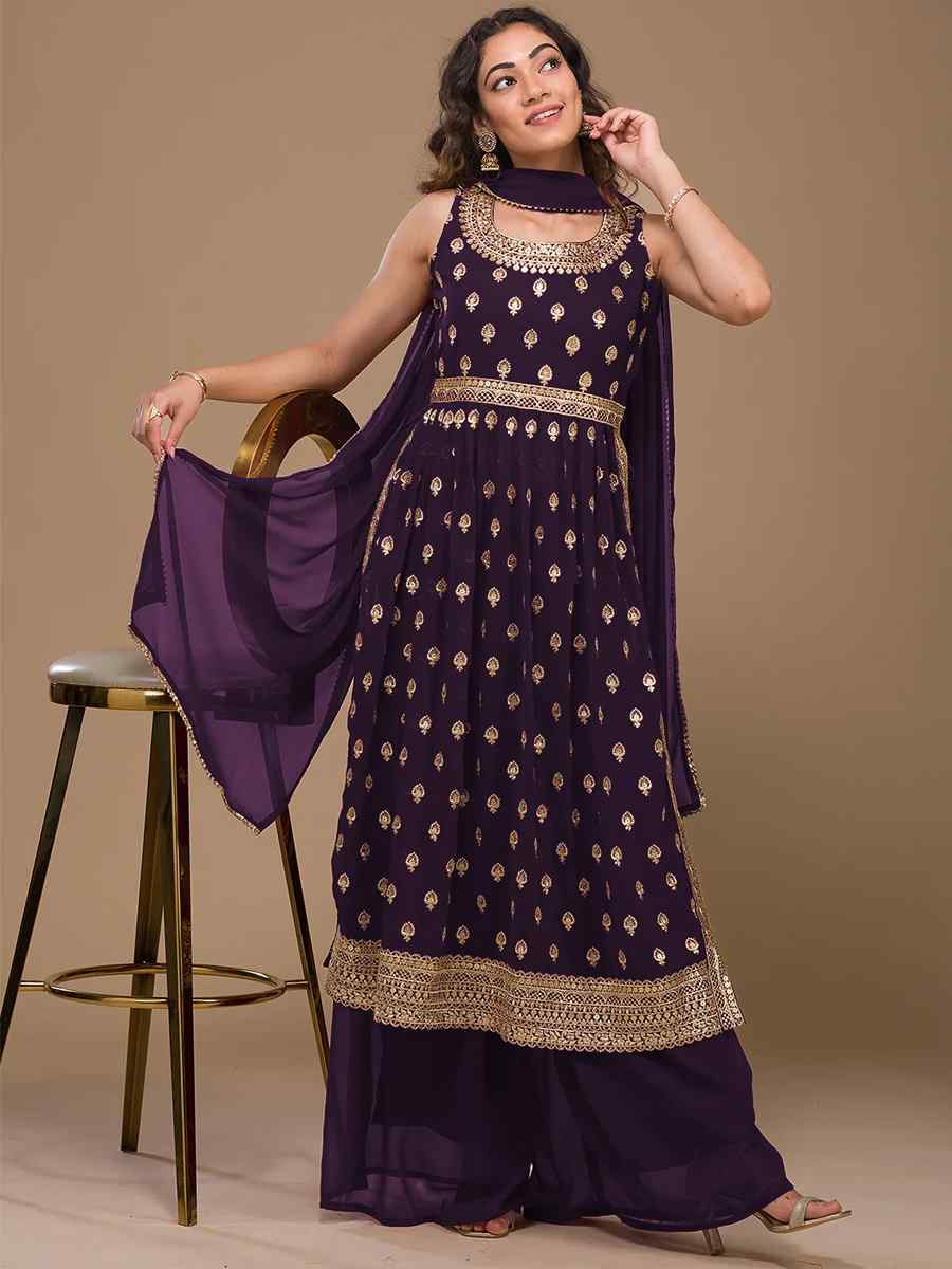 Purple Heavy Faux Georgette Embroidered Festival Wedding Palazzo Pant Salwar Kameez