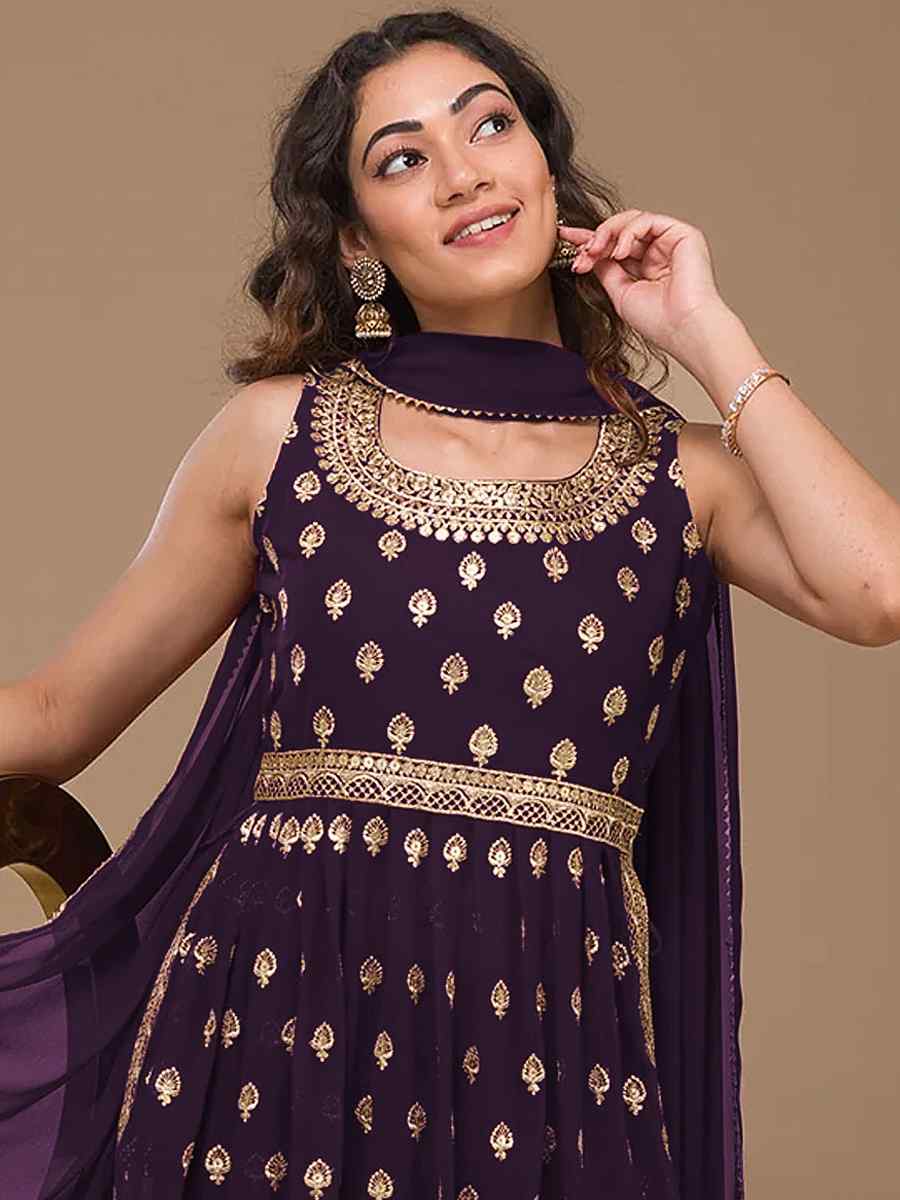 Purple Heavy Faux Georgette Embroidered Festival Wedding Palazzo Pant Salwar Kameez
