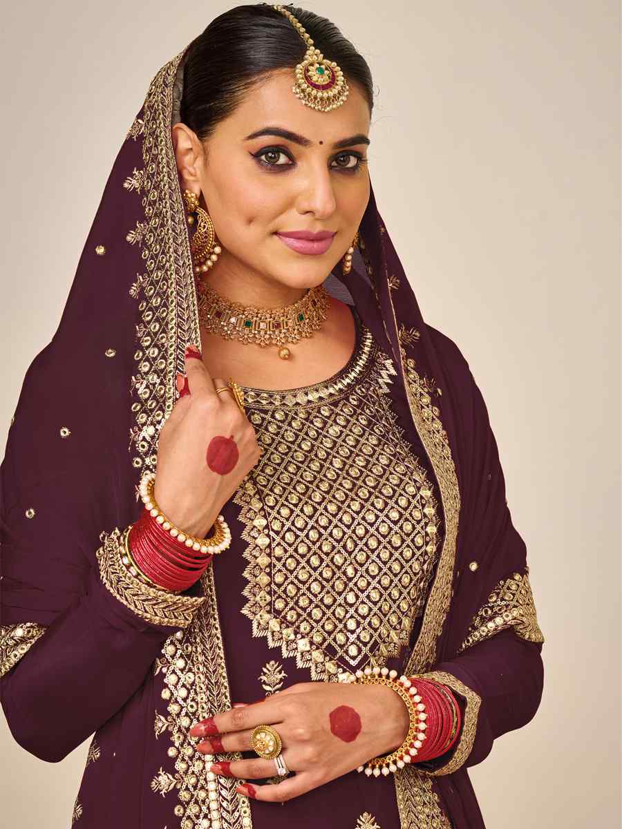 Purple Heavy Faux Georgette Embroidered Festival Wedding Palazzo Pant Salwar Kameez
