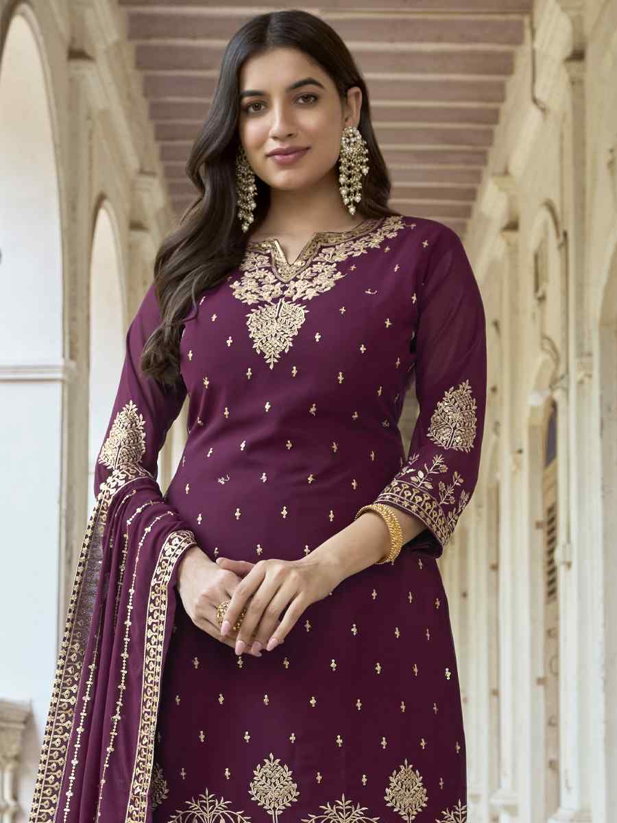 Purple Heavy Faux Georgette Embroidered Festival Wedding Palazzo Pant Salwar Kameez