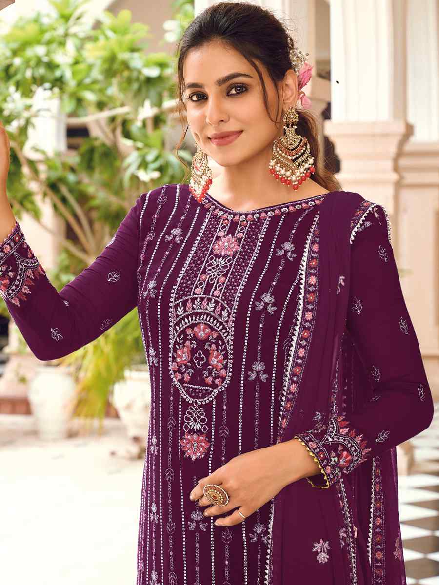 Purple Heavy Faux Georgette Embroidered Festival Wedding Pant Salwar Kameez