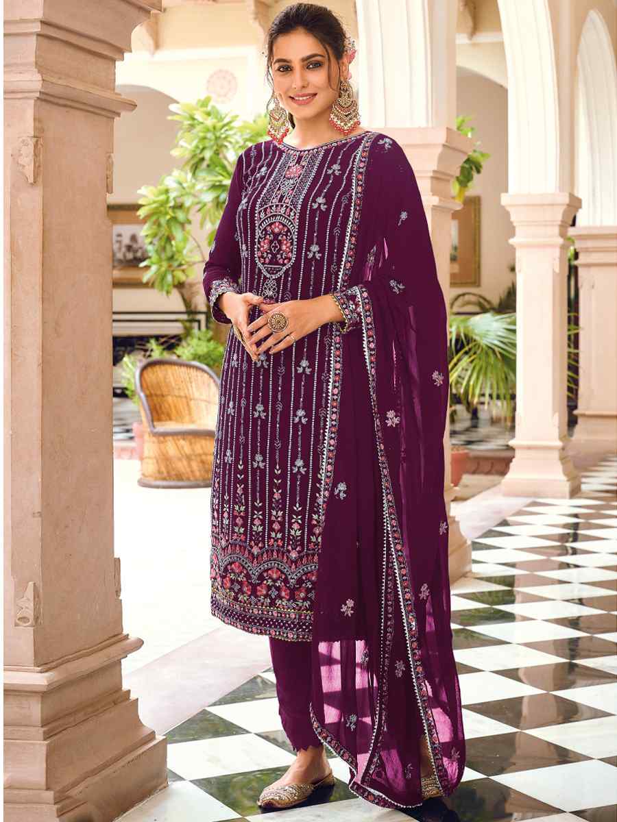 Purple Heavy Faux Georgette Embroidered Festival Wedding Pant Salwar Kameez