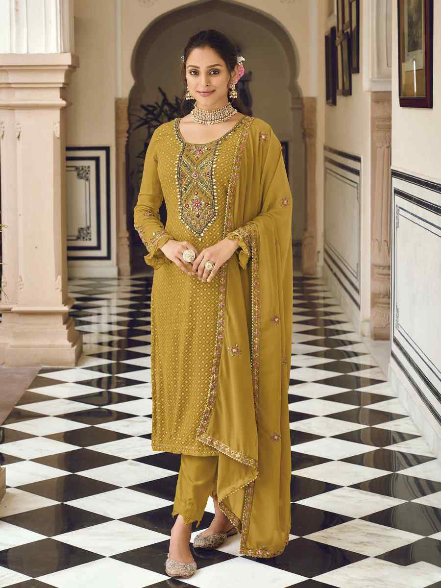 Mehendi Heavy Faux Georgette Embroidered Festival Wedding Pant Salwar Kameez