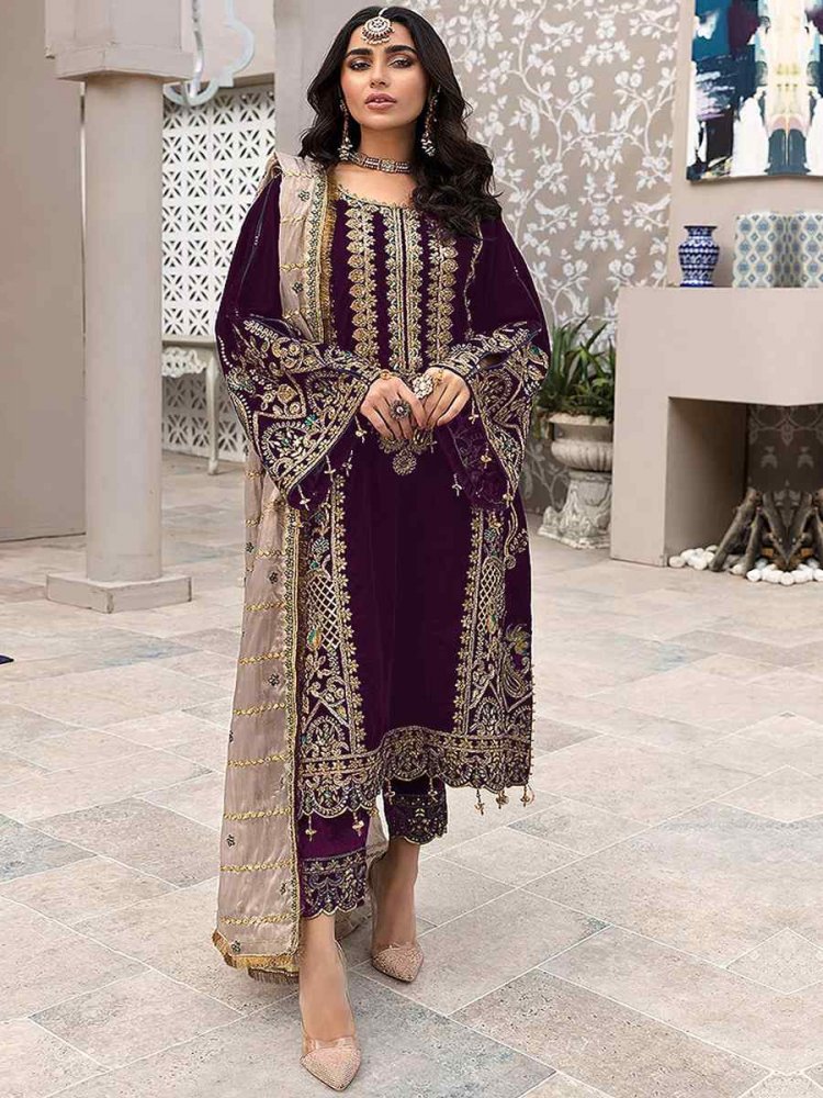 Purple Heavy Faux Georgette Embroidered Festival Wedding Pant Salwar Kameez